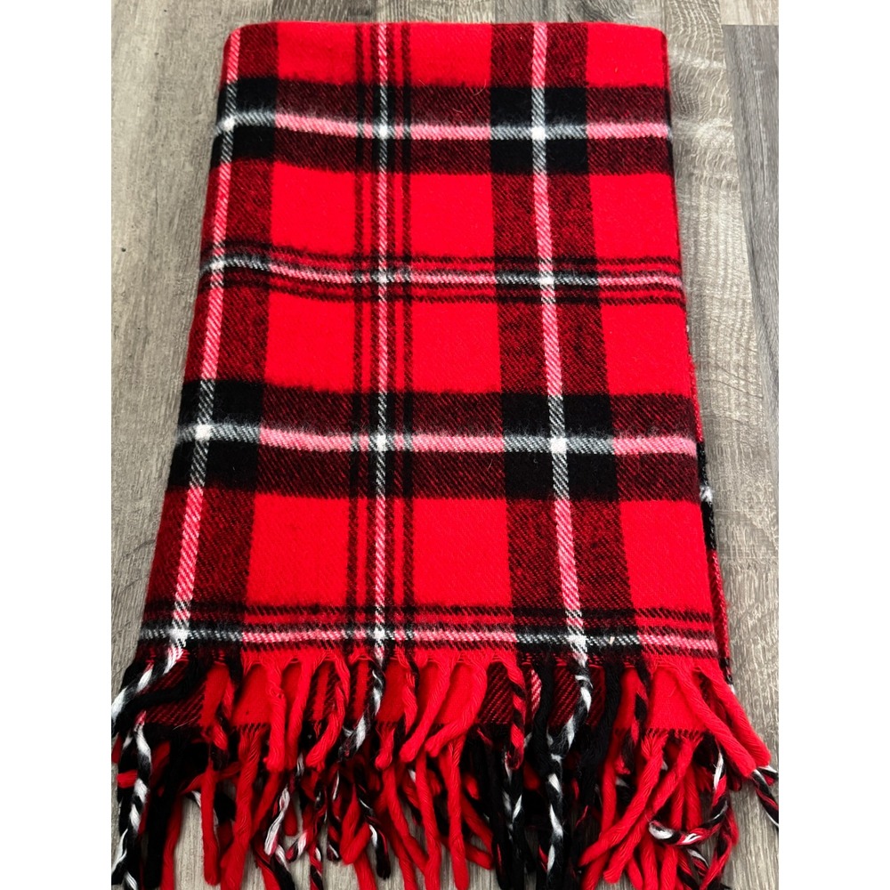Faribo Red Plaid Acrylic Fringed Throw Blanket USA Faribault Woolen Mill Co